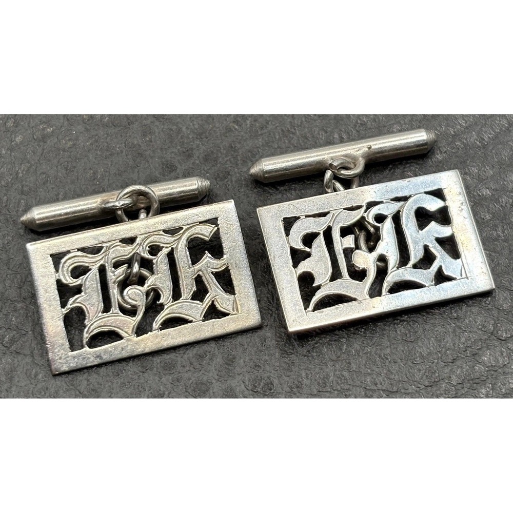 Vintage Silver Tone Monogram Cufflinks Pierced Gothic Letters Chain Back